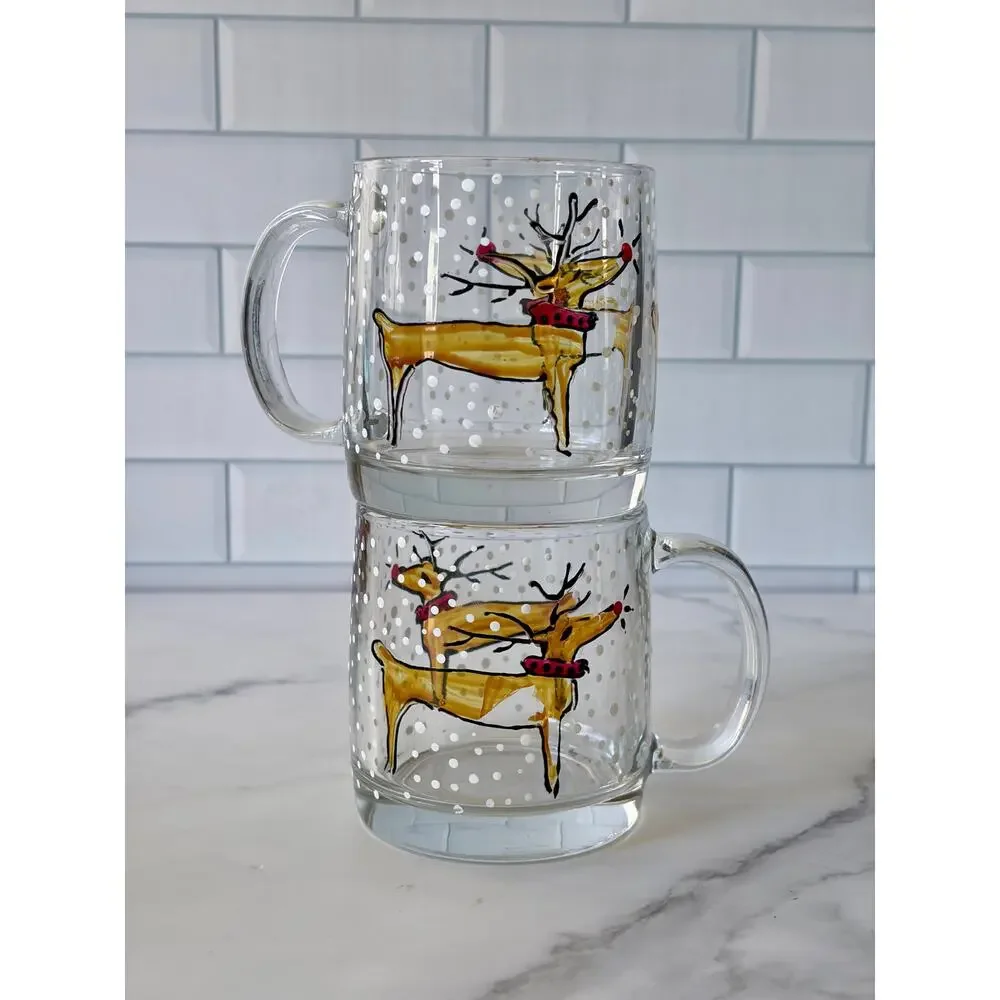 Vintage Pair Luminarc Holiday Christmas Rudolph Reindeer Snow Glass Mugs